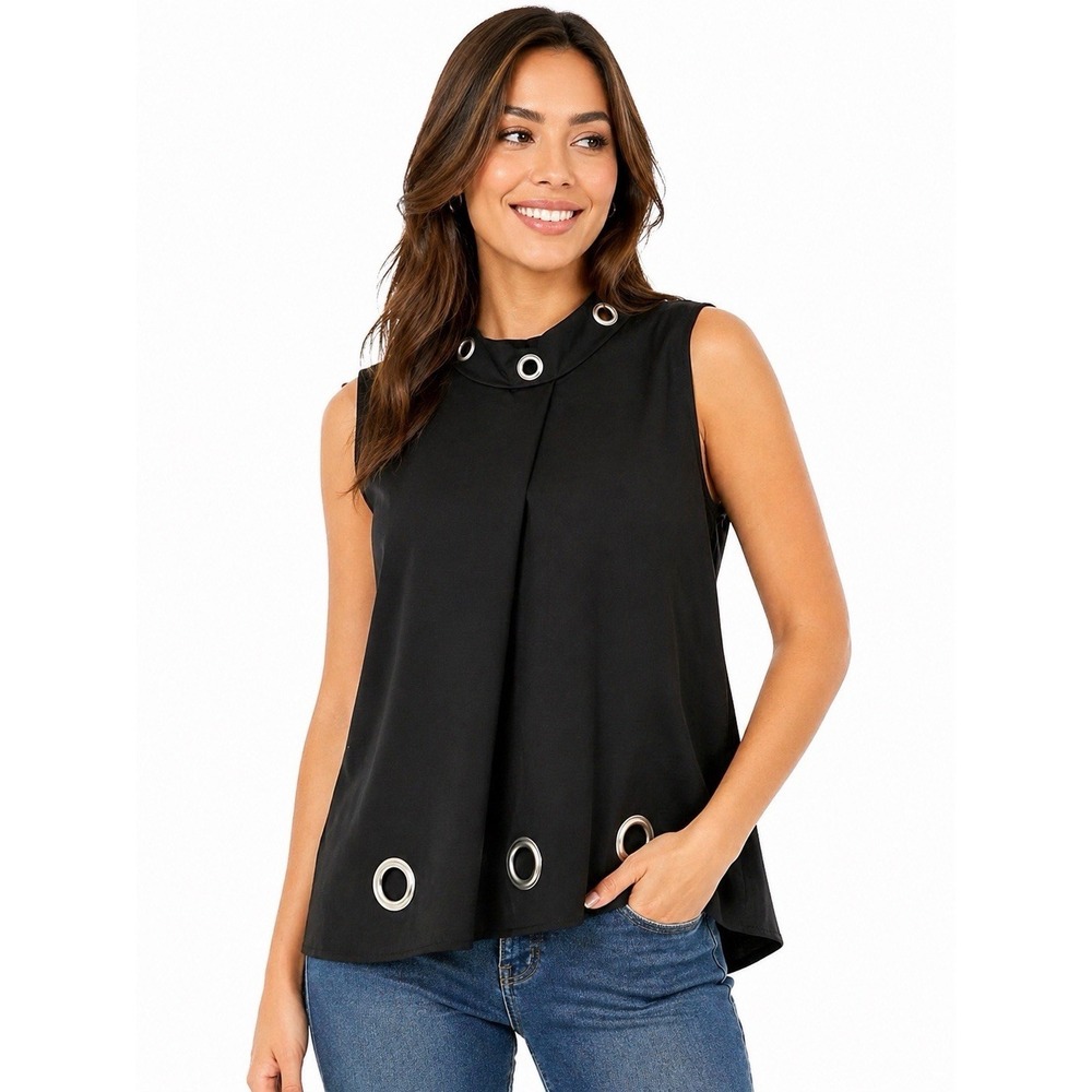 Womens Black Sleeveless Blouse XL Mock Neck Grommet Detail Top